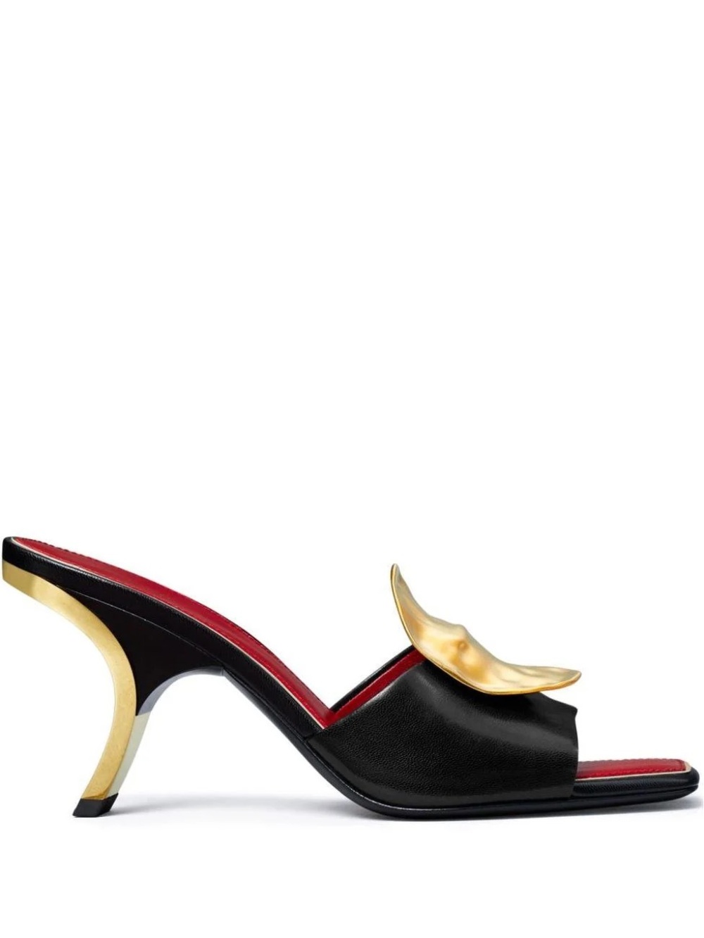 Tory Burch Black Leather Slide Mules with Gold Accent and Red Lining